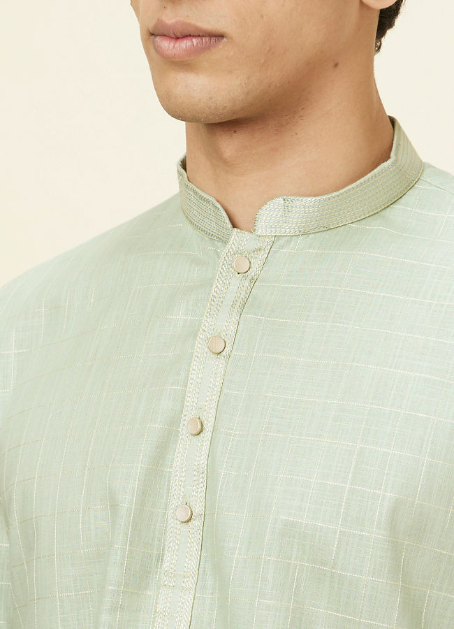 Manyawar Tea Green Windowpane Checkered Short Kurta