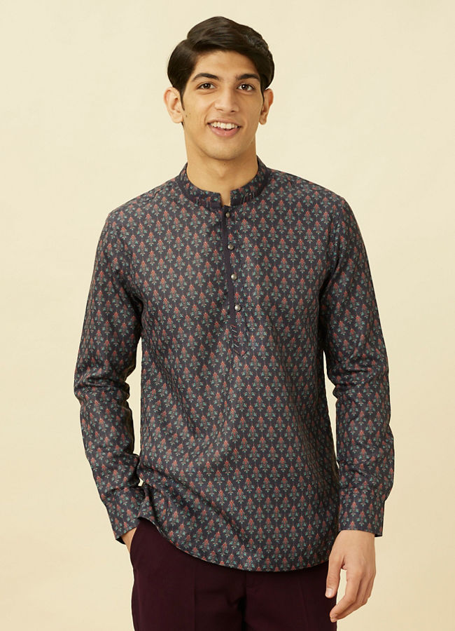 Manyawar Deep Blue Floral Buta Printed Short Kurta