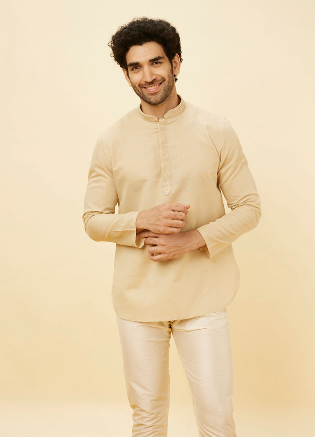 Manyawar Cream Beige Embroidered Placket Short Kurta