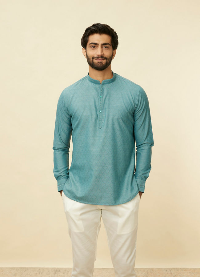 Manyawar Teal Green Grid Patterned Short Kurta