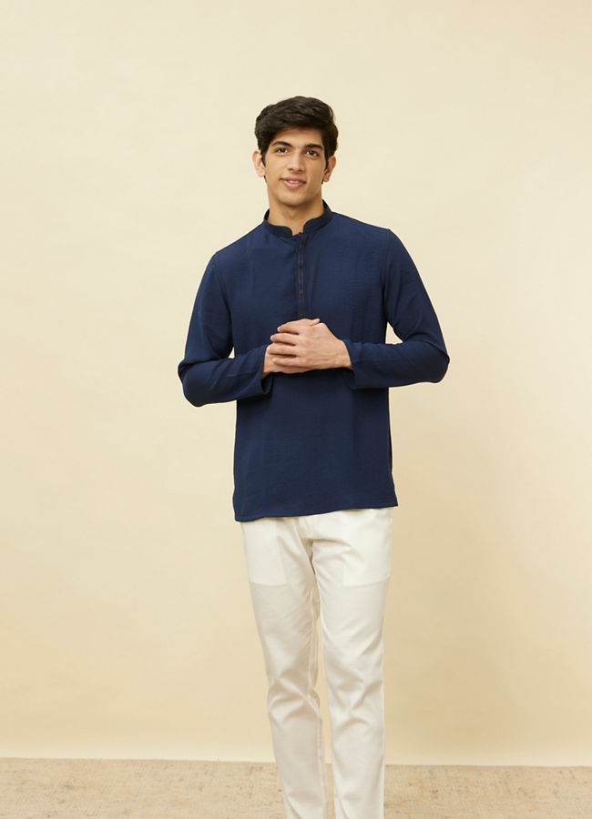 Manyawar Navy Blue Embroidered Neckline Short Kurta