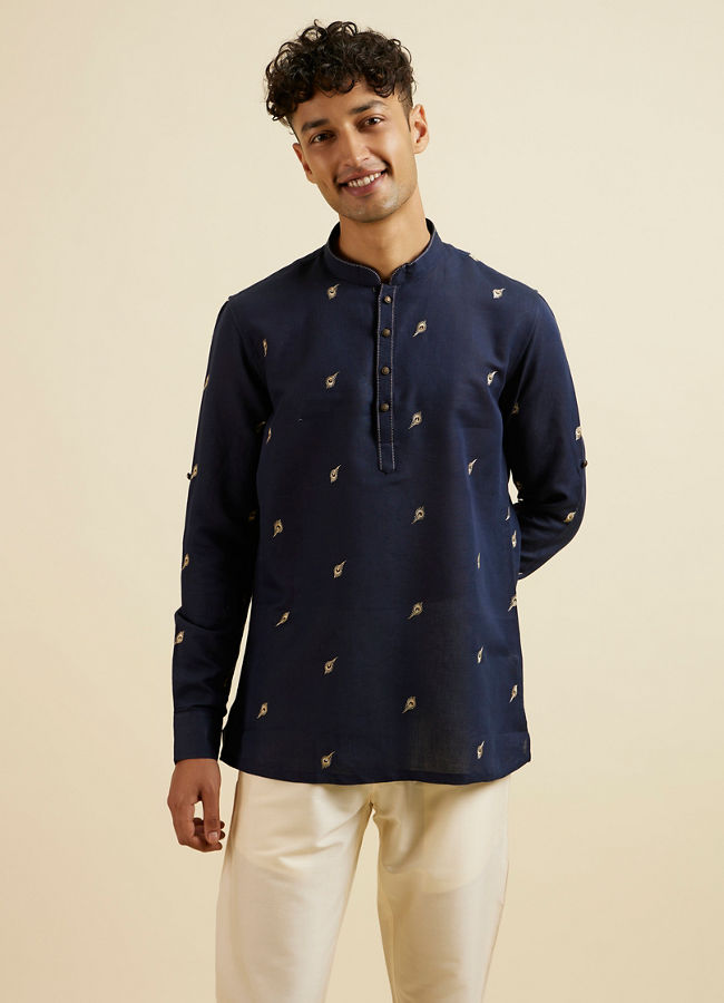 Manyawar Dark Blue Embroidered Short Kurta