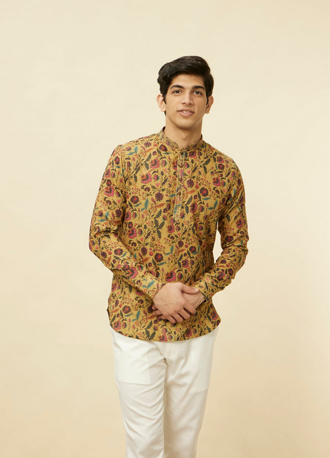 Manyawar Sepia Yellow Bel Buti Printed Short Kurta