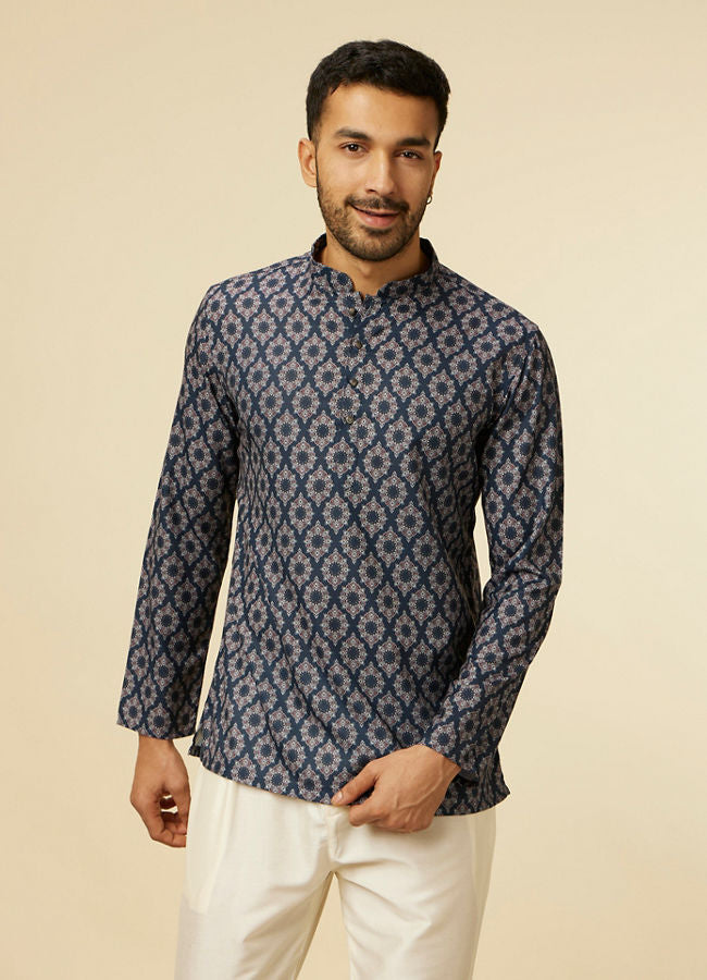 Manyawar Dark Blue Jaal and Medallion Short Kurta