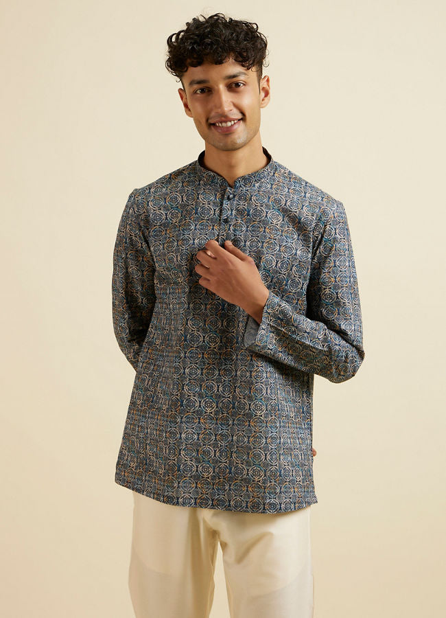 Manyawar Dark Blue Kaleidoscopic Print Short Kurta