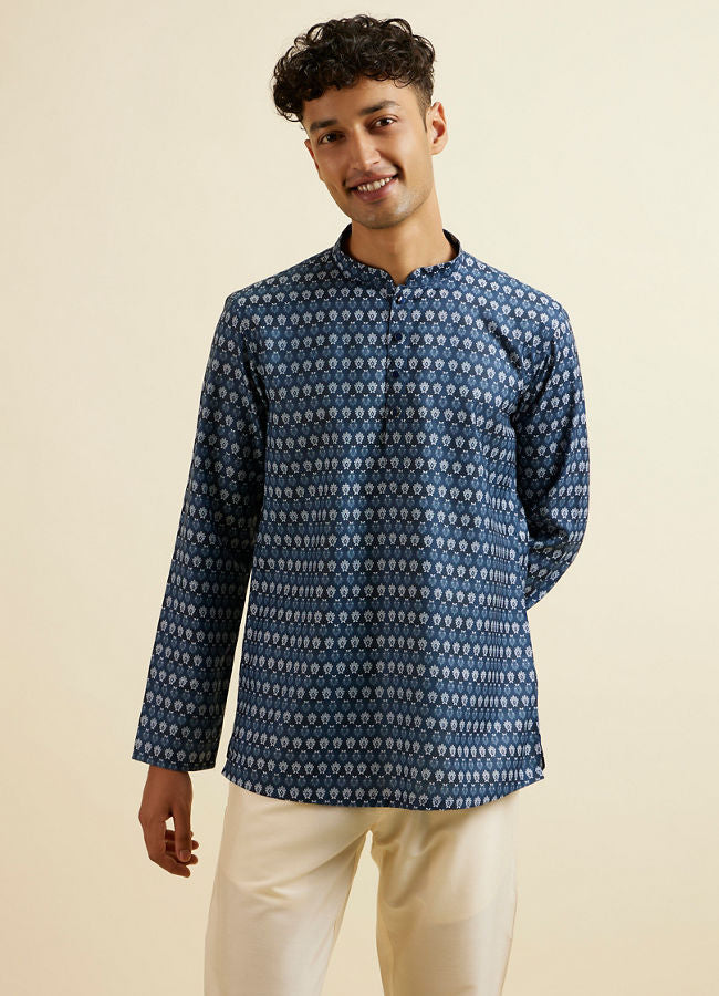 Manyawar Dark Blue Floral Buta Printed Short Kurta