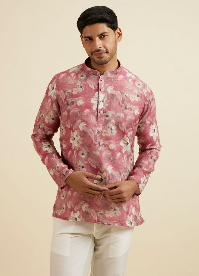 Manyawar Coral Pink Floral Printed Short Kurta