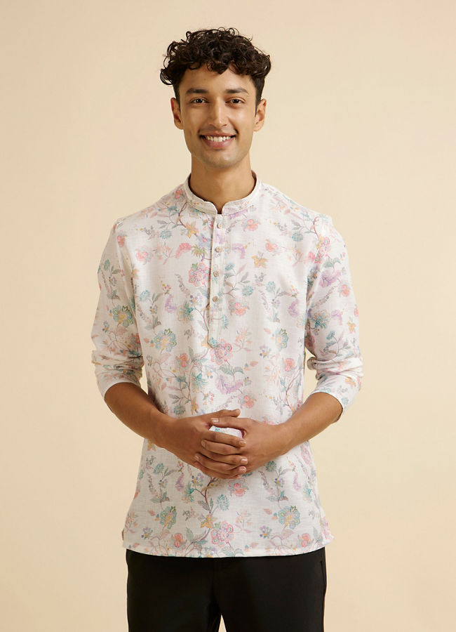 Manyawar Warm White Floral Print Short Kurta