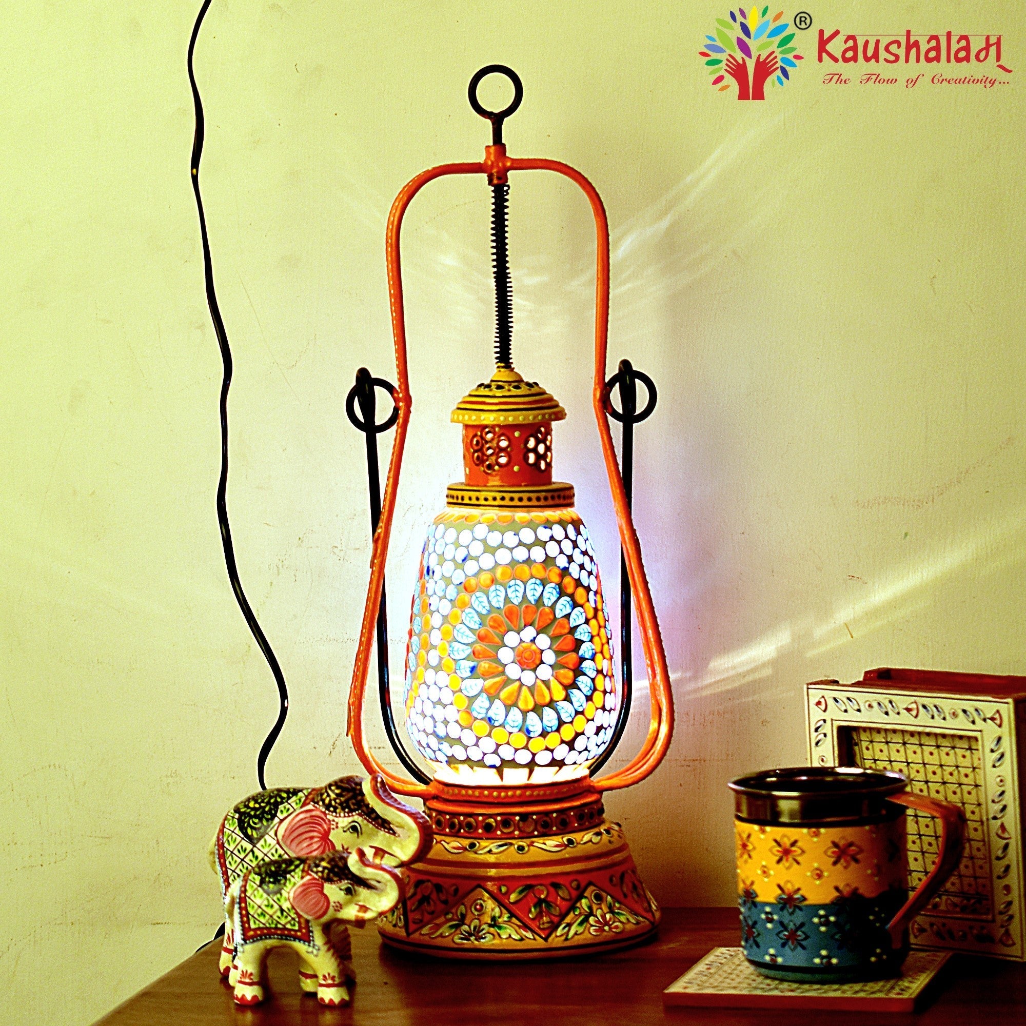 Hand Painted Lantern with Bulb : Ethnic Mosaic Bed Side Lamp Orange