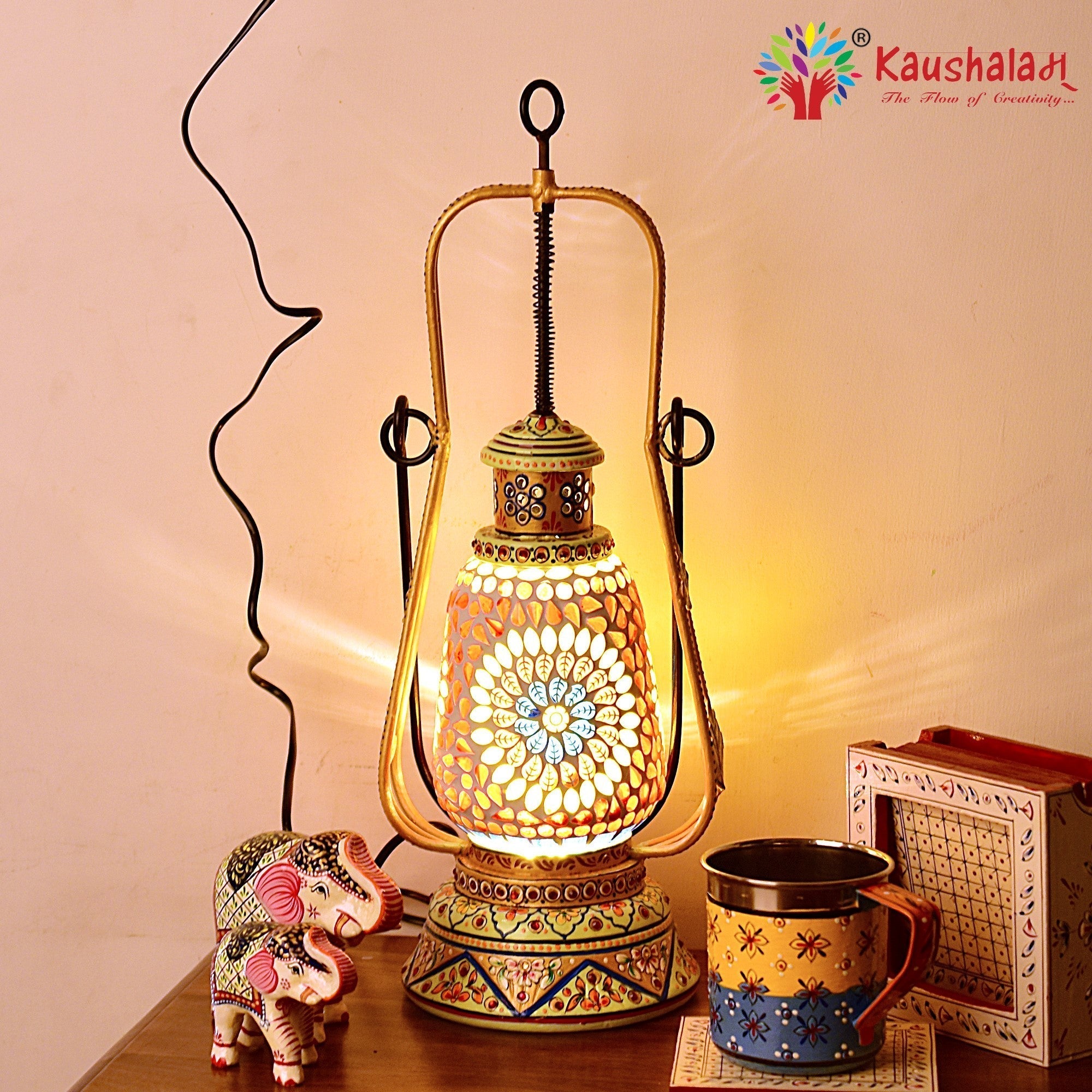 Hand Painted Lantern with Bulb : Ethnic Mosaic Lantern Lamp, Gold & Aqua Green