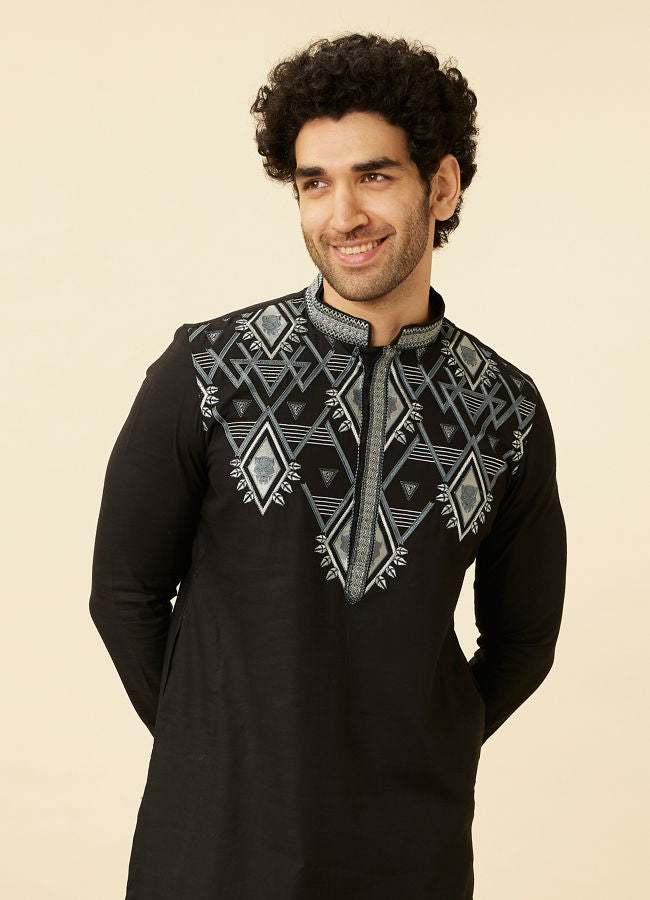 Manyawar Charcoal Black Panther Motif Kurta Set