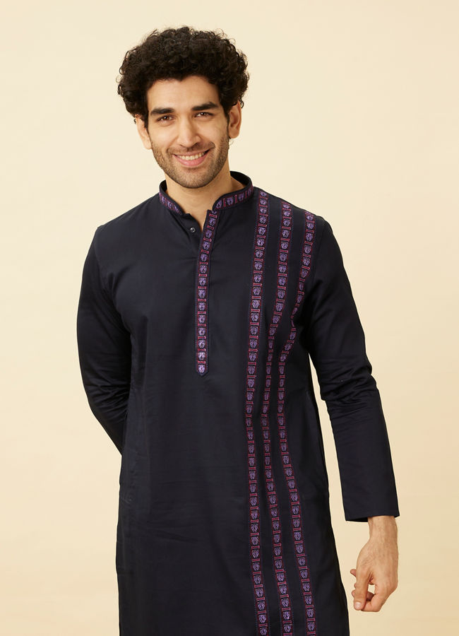 Manyawar Deep Blue Collared Black Panther Kurta Set