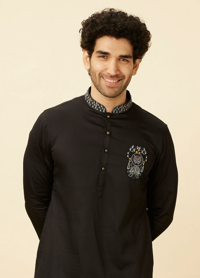 Manyawar Charcoal Black Panther Patchwork Kurta Set