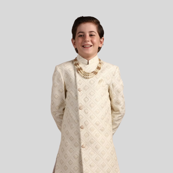 Manyavar Boys Ivory White Diamond Patterned Angrakha Style Indo Western Set | Kids Premium Outfit