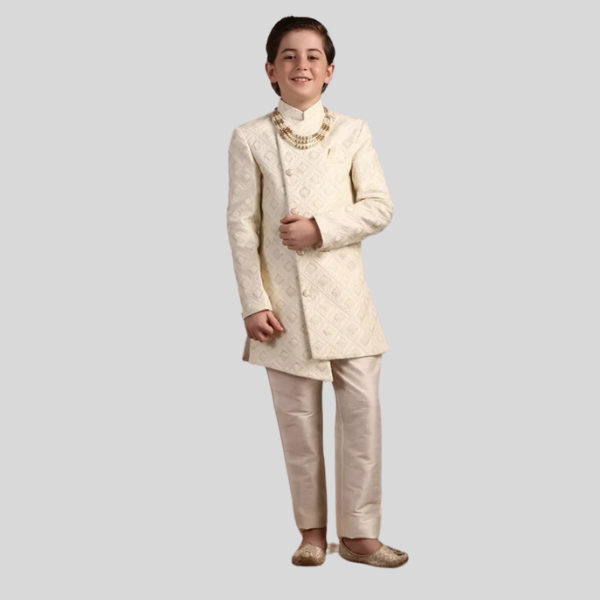 Manyavar Boys Ivory White Diamond Patterned Angrakha Style Indo Western Set | Kids Premium Outfit