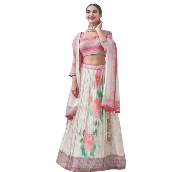 Manyavar  Ready to Wear Floral Cream and Pink Patterned Lehenga