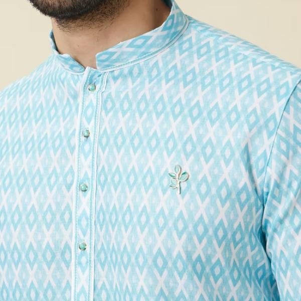 Manyavar Light Blue Self Chequered Printed Kurta