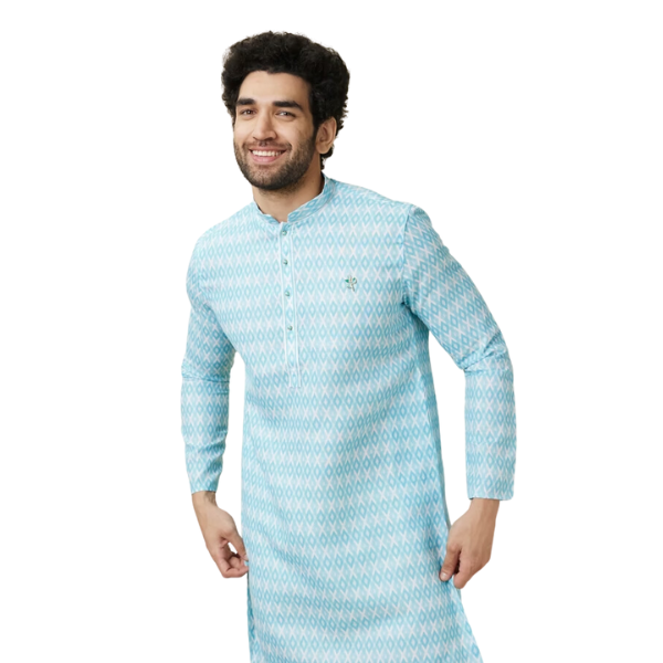 Manyavar Light Blue Self Chequered Printed Kurta