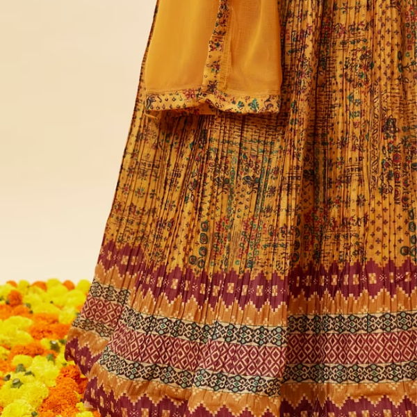 Manyavar Mustard Yellow Abstract Print Indo-Western Suit