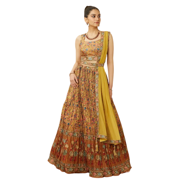 Manyavar Mustard Yellow Floral Printed Skirt Top Set