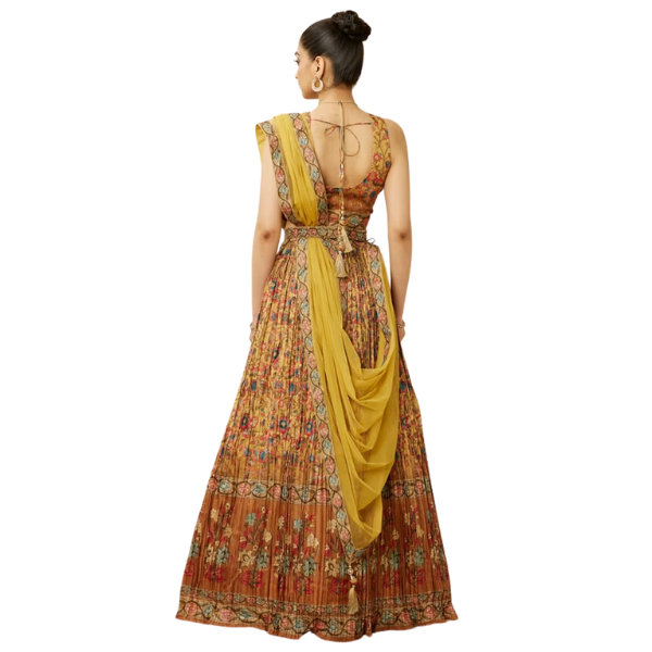 Manyavar Mustard Yellow Floral Printed Skirt Top Set