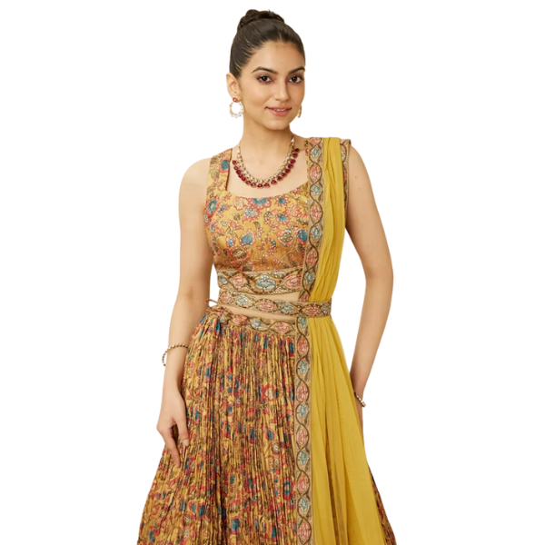 Manyavar Mustard Yellow Floral Printed Skirt Top Set