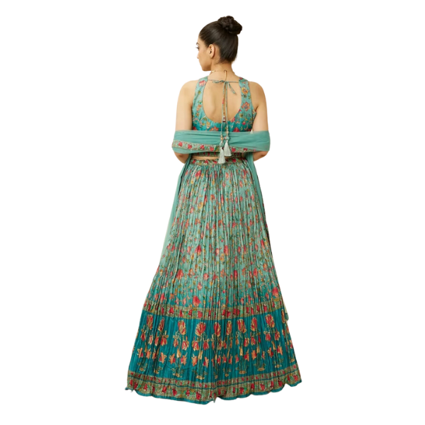 Manyavar Sea Green Floral Printed Skirt Top Set