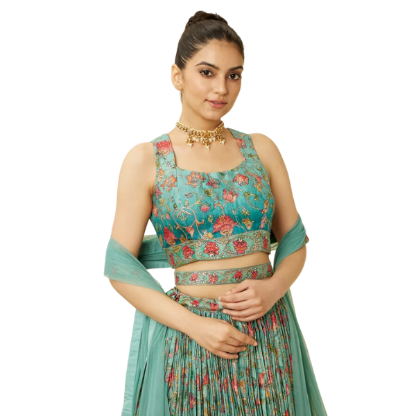 Manyavar Sea Green Floral Printed Skirt Top Set