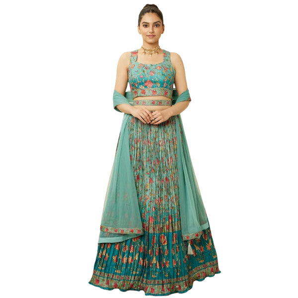 Manyavar Sea Green Floral Printed Skirt Top Set