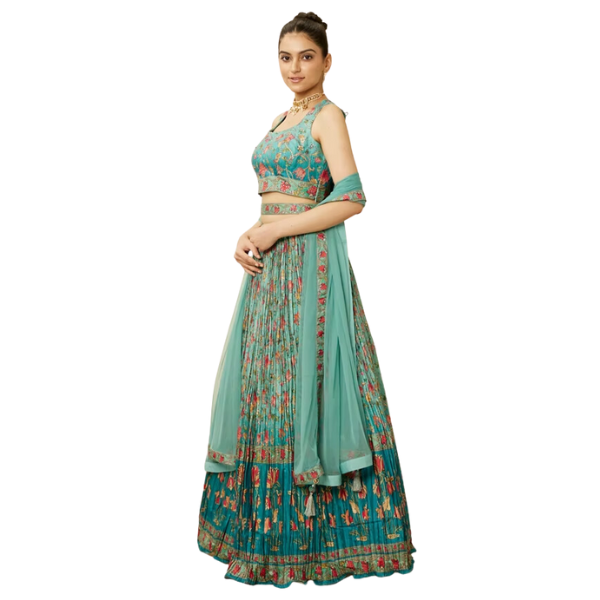 Manyavar Sea Green Floral Printed Skirt Top Set