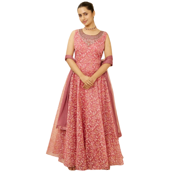 Manyavar Shell Pink Botanical Patterned Gown