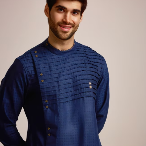 Manyavar Sophisticated Blue Chequred Kurta