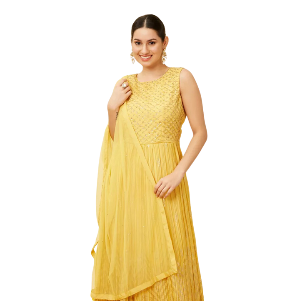 Manyavar Sunshine Yellow Foiled Gold Print Anarkali Suit