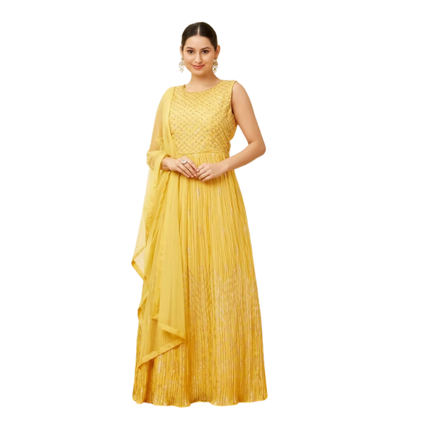 Manyavar Sunshine Yellow Foiled Gold Print Anarkali Suit