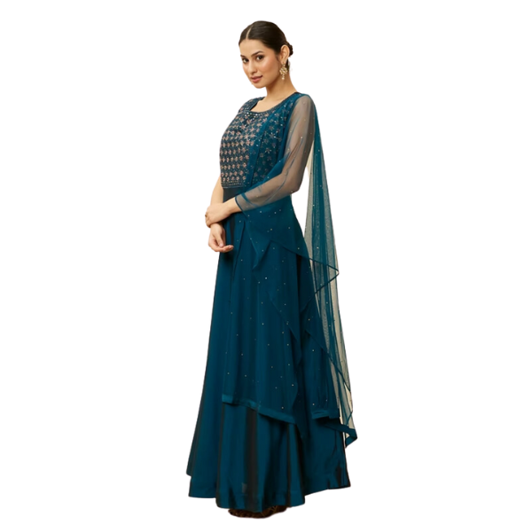 Manyavar Teal Blue Embellished Empire Waist Dress