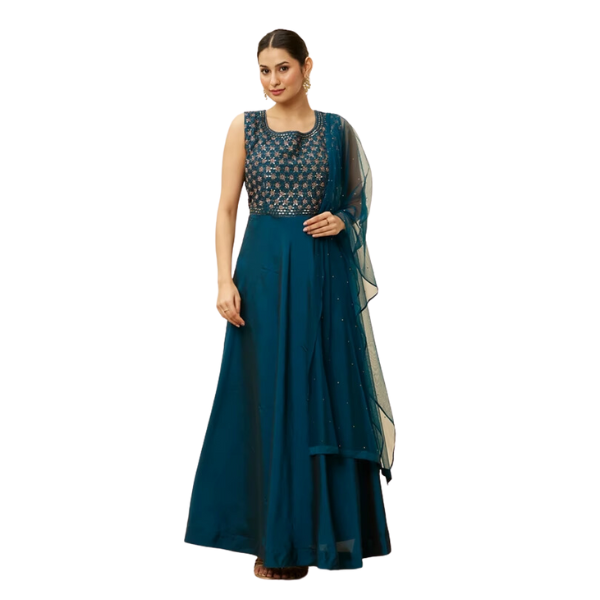 Manyavar Teal Blue Embellished Empire Waist Dress