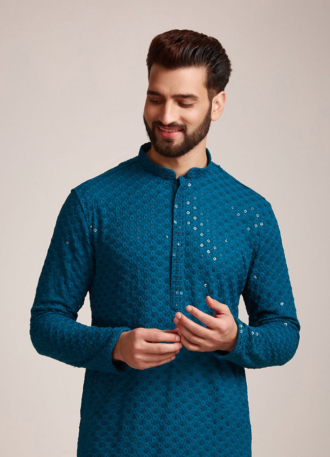 Manyawar Feroze Blue Chikankari Kurta Set