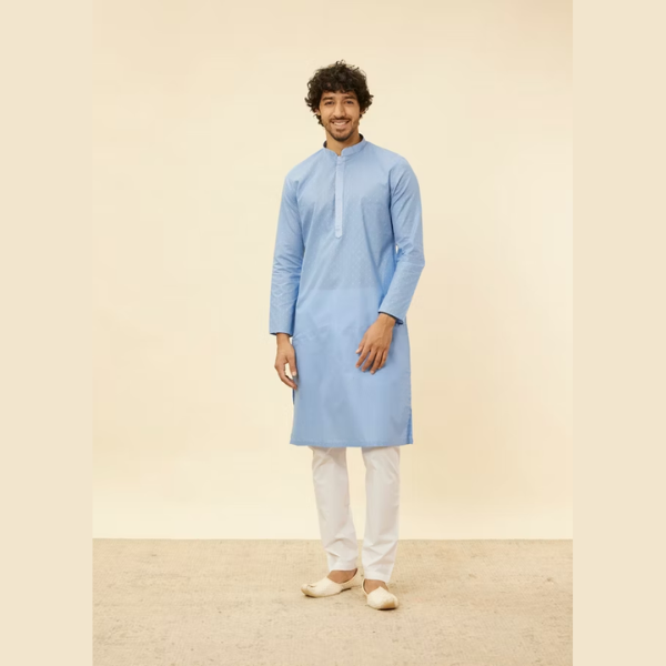 Manyawar Blissful Blue Buta Patterned Kurta Set - India shopping