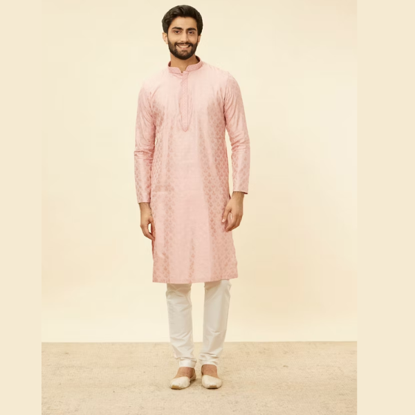 Manyawar Raspberry Pink Leaf Patterned Kurta Set - India shopping