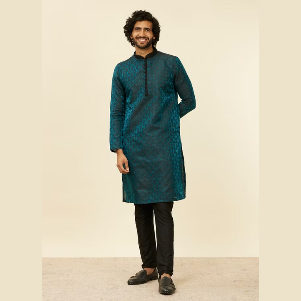 Manyawar Sapphire Blue Jacquard Kurta Set - India shopping