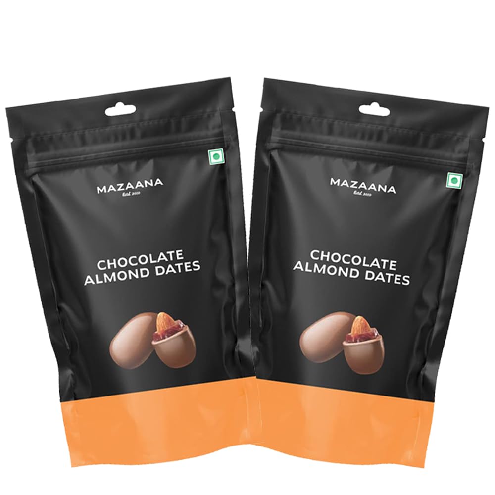 Mazaana Chocolate Almond Dates 100g Pack of 2 with Omani dates and Californian almonds coated in pure dark chocolate.