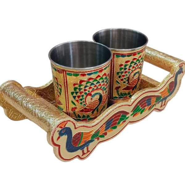 Meenakari Peacock Design Open Traditional Serving Tray with two Glass