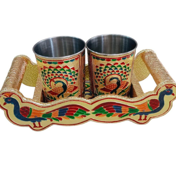 Meenakari Peacock Design Open Traditional Serving Tray with two Glass