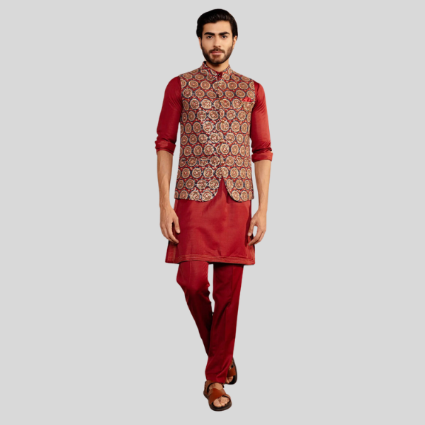 Mehroon Colour Embroidery Jodhpuri Jacket with Kurta Pajama