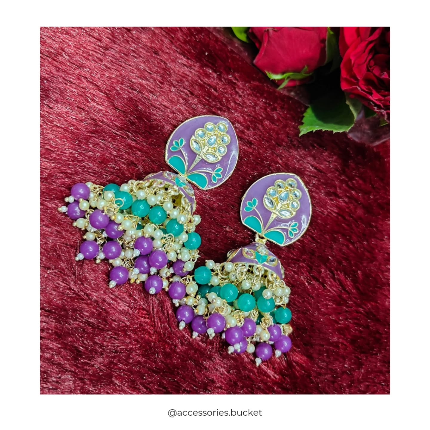 Minakari Purple Pearl & Green Pearl Kundan Jhumka