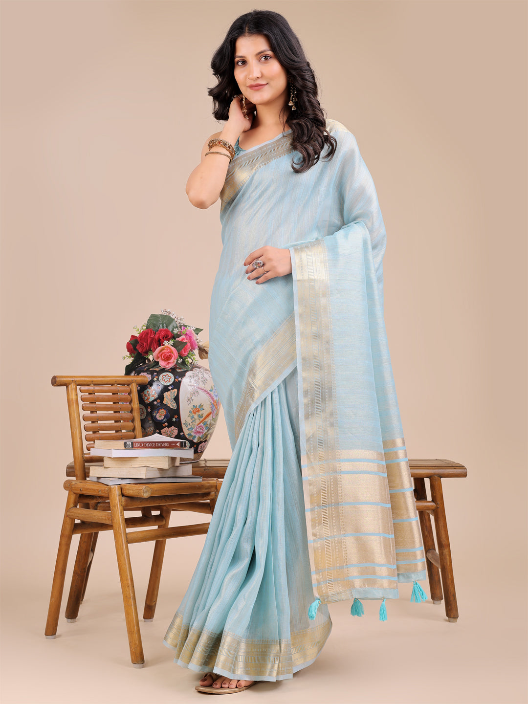 Moonlit Dunes Organza  Saree |Sky Blue Colour| Ready to Wear -SKU- SWSAH1005