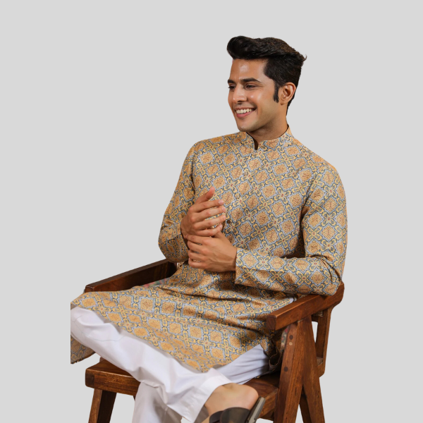 Mustard Print Cotton Kurta Pajama For Men