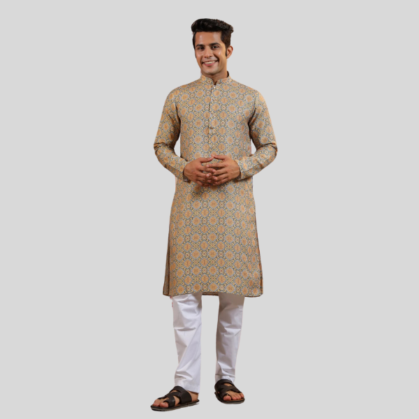 Mustard Print Cotton Kurta Pajama For Men