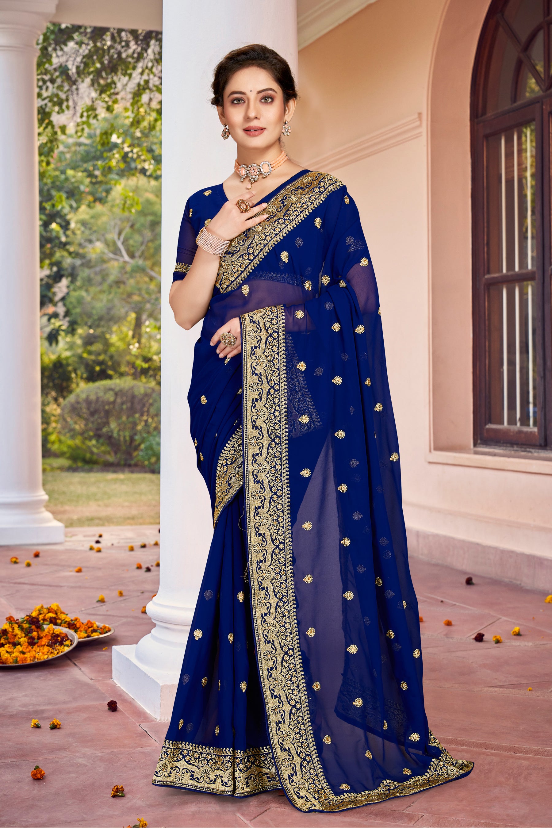 Navy Blue Heavy Jari Stone Work Ready-to-Wear Wedding Saree