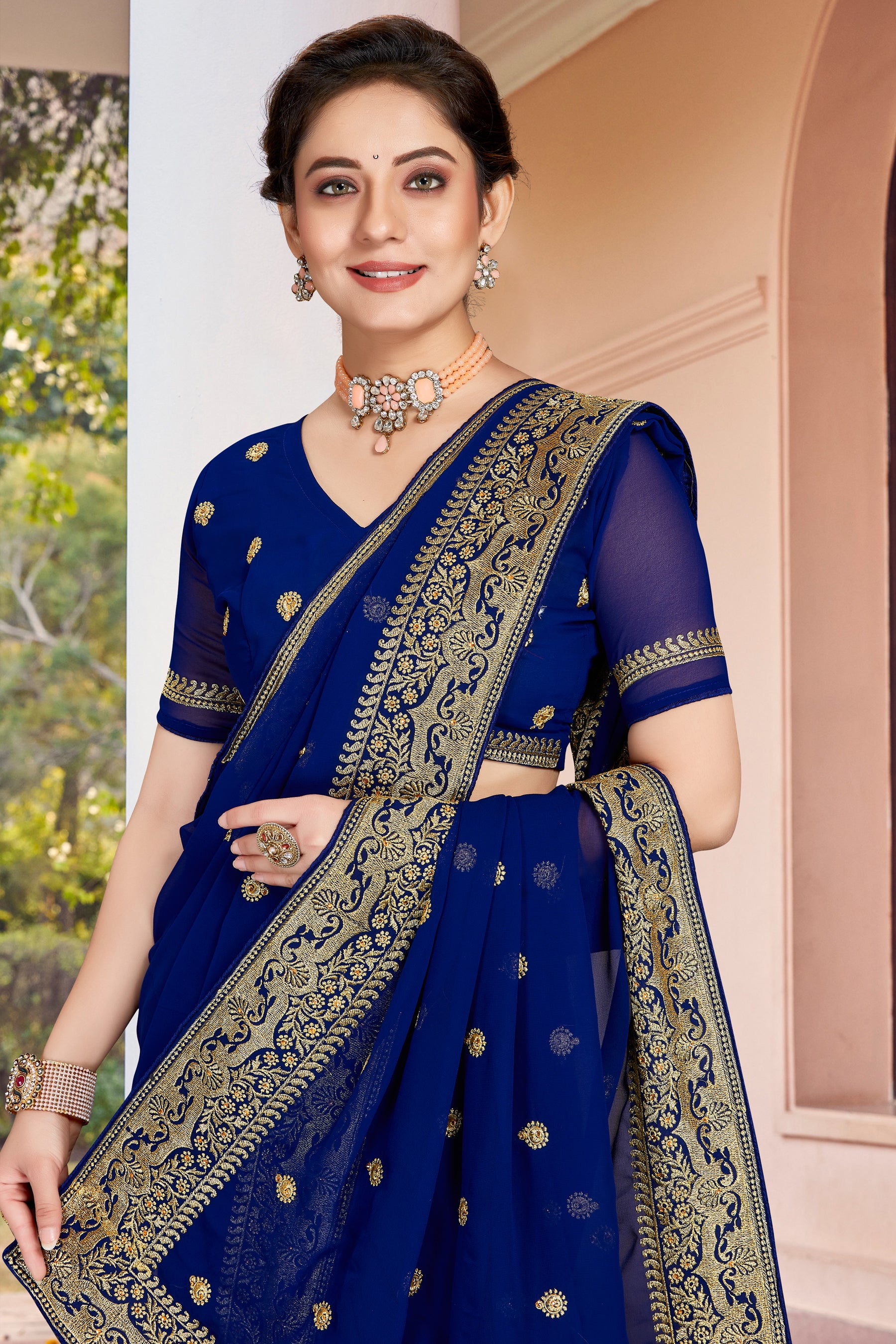 Navy Blue Heavy Jari Stone Work Ready-to-Wear Wedding Saree